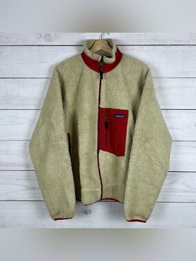 Vintage Patagonia Classic Retro X Deep Pile Fleece Jacket Mens Medium Beige Red
